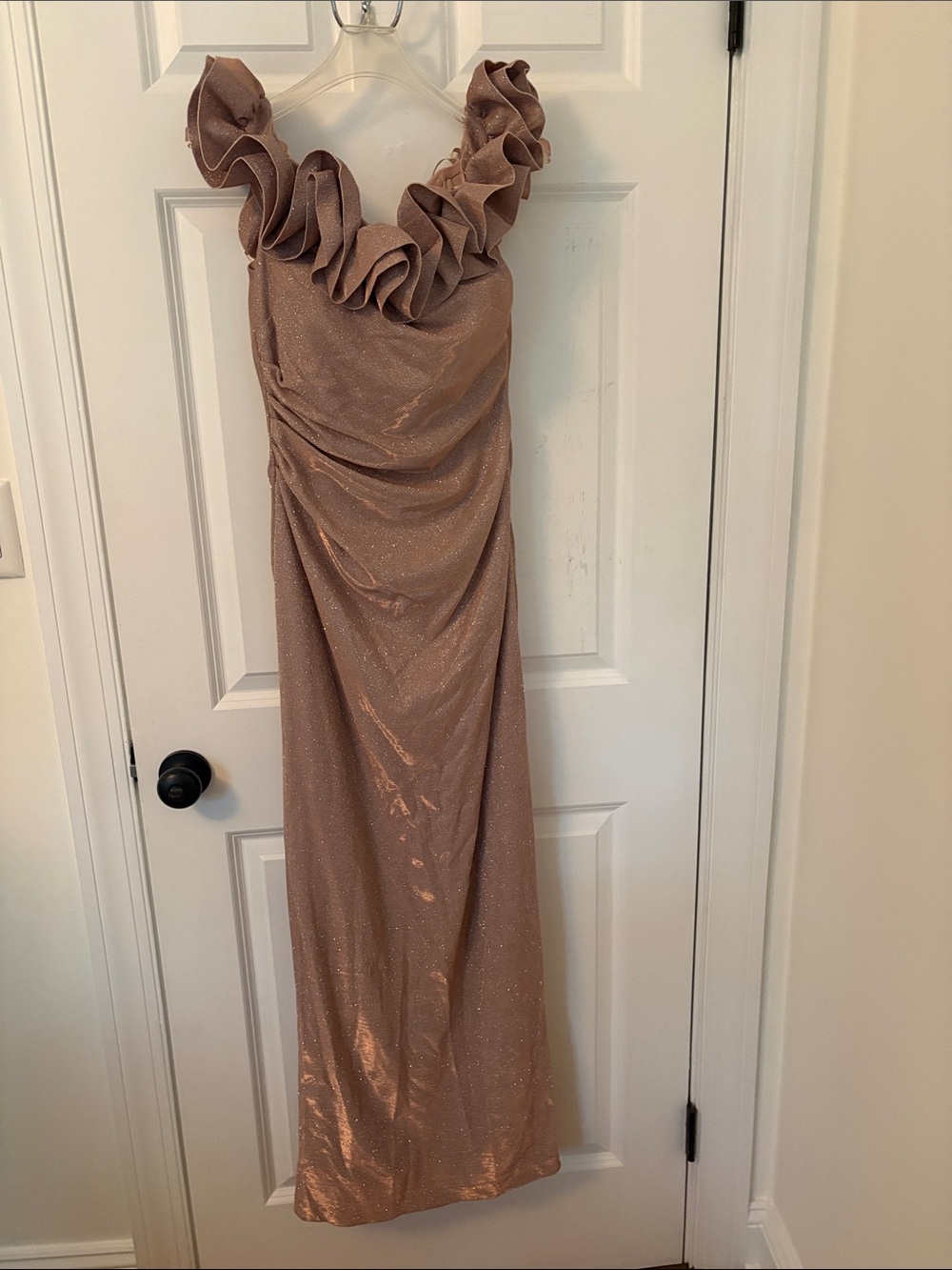 Ruffled off the Shoulder Evening Gown in Rose Gold